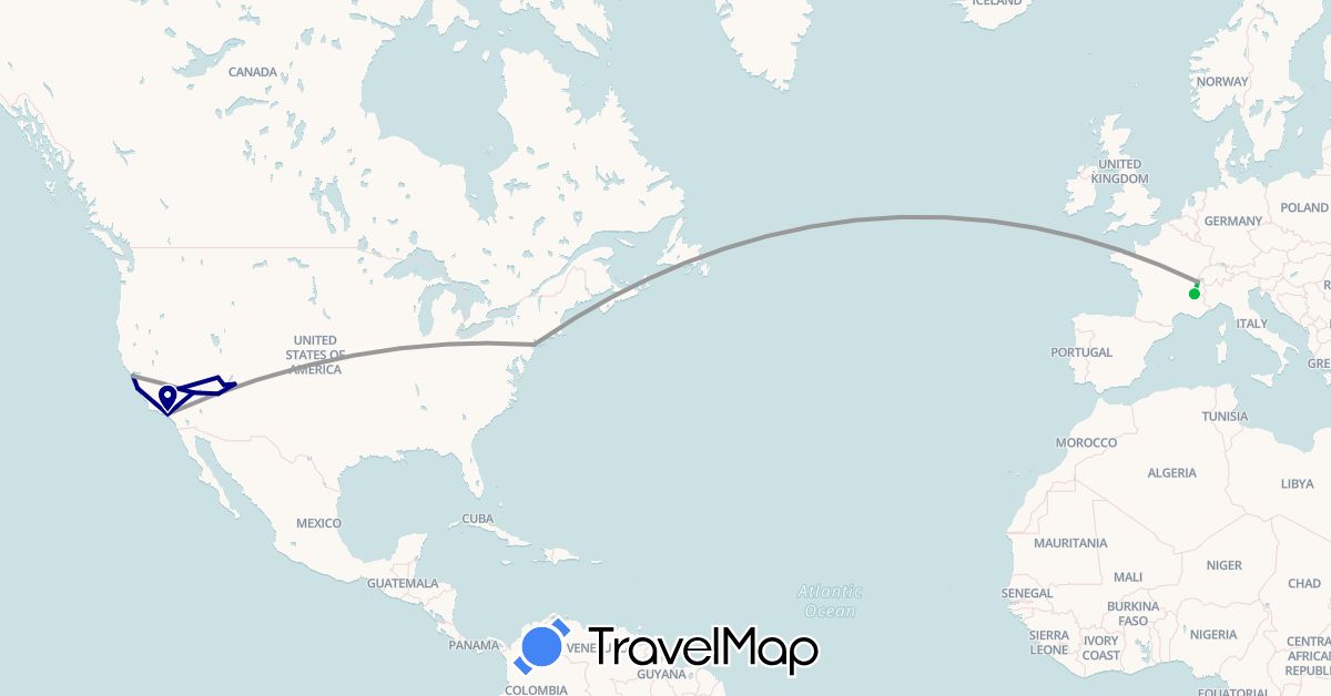 TravelMap itinerary: driving, bus, plane in Switzerland, France, United States (Europe, North America)
